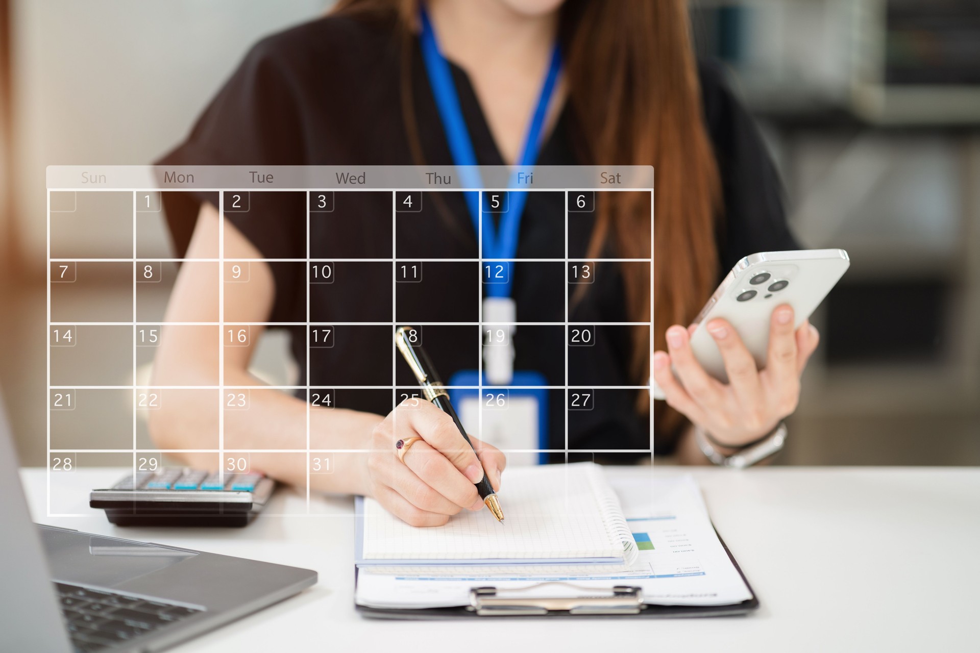Business woman using digital smartphonewith calendar planner and organizer to plan and reminder, schedule, timetable, and management, event planning.